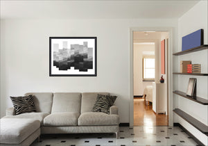 Fragments of Silence black and white Wanaka mountain photography print displayed in a modern lounge