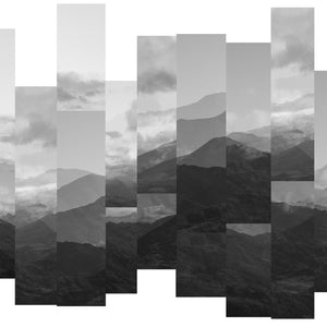 Black and white fine art photography print of deconstructed Wanaka mountain ranges in fragmented panels with dramatic cloud and shadow