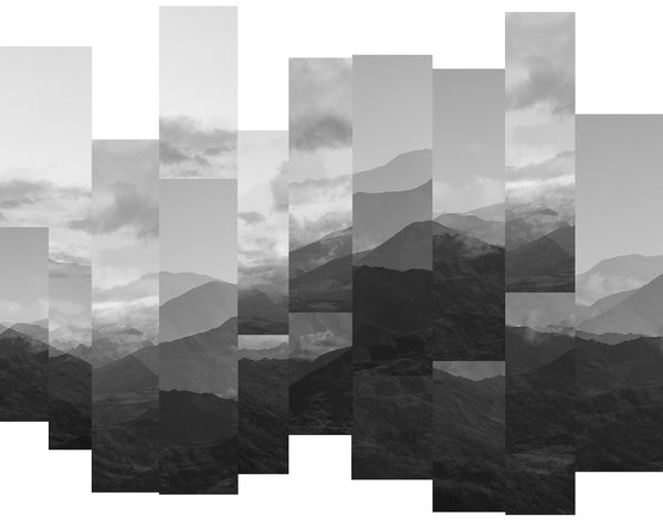 Black and white fine art photography print of deconstructed Wanaka mountain ranges in fragmented panels with dramatic cloud and shadow
