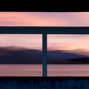 Fine art photography print of a pink and purple dusk over Wanaka mountains and lake framed through a vintage window