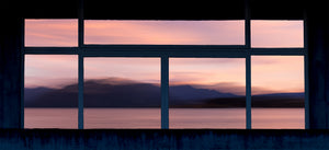 Fine art photography print of a pink and purple dusk over Wanaka mountains and lake framed through a vintage window