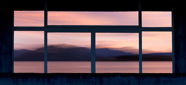 Fine art photography print of a pink and purple dusk over Wanaka mountains and lake framed through a vintage window