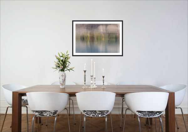 Whispers on Water large abstract fine art photography print displayed in a dining room